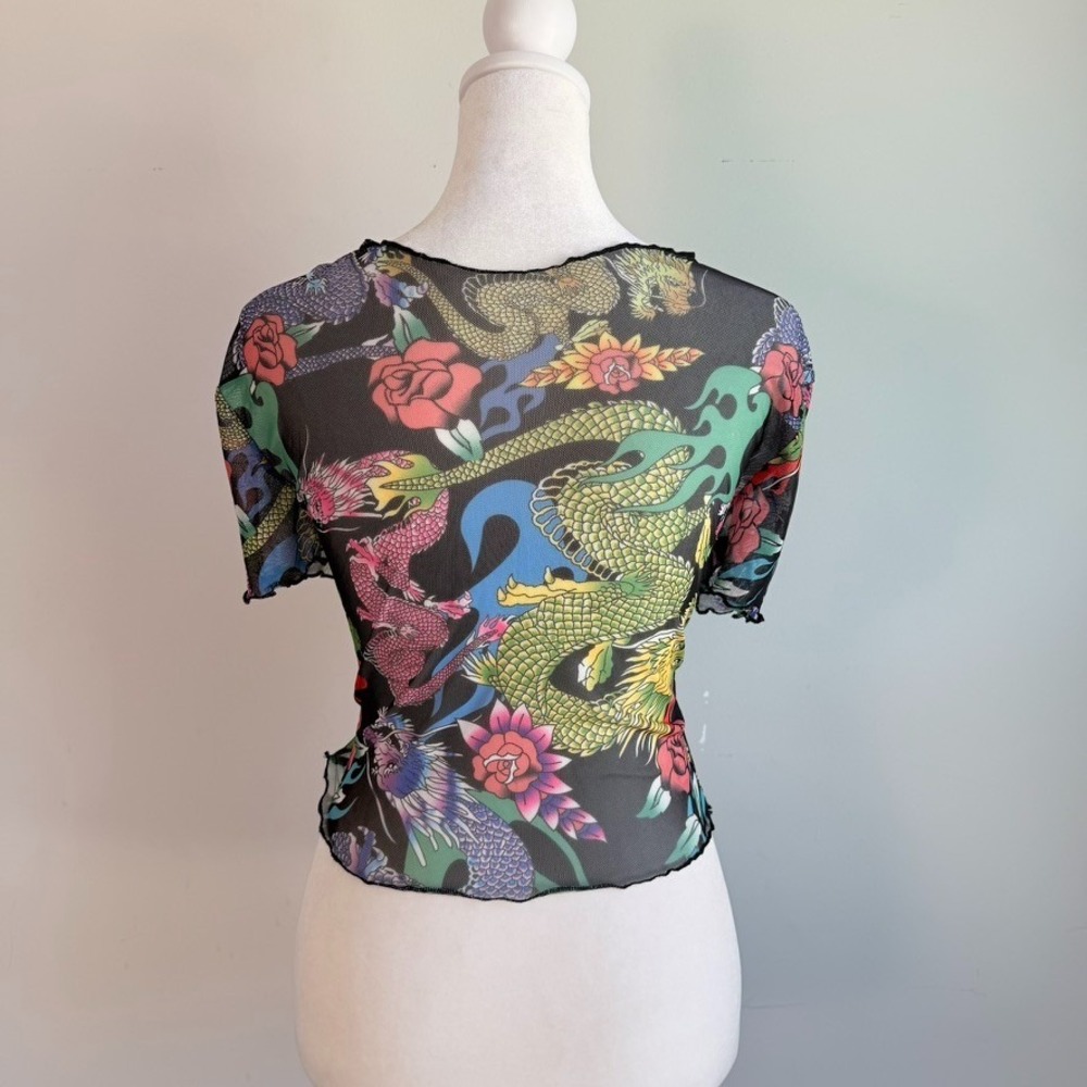 Y2K Asian Dragon Sheer Mesh Top and Mini Skirt Medium 2 Piece Set Indie Fairy - Picture 3 of 9